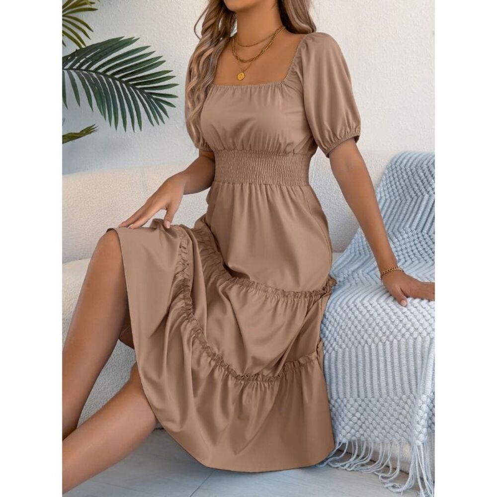 Everyday the Label Puff Sleeve Tiered Midi Dress Women Camel Dresses